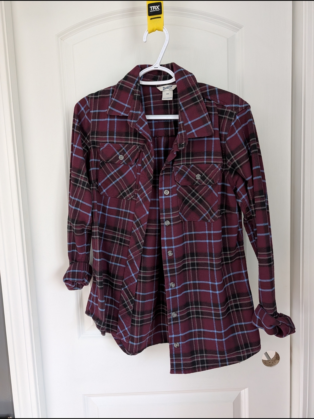 Duluth Trading Co Burgundy and Blue Plaid Button-Down Shirt